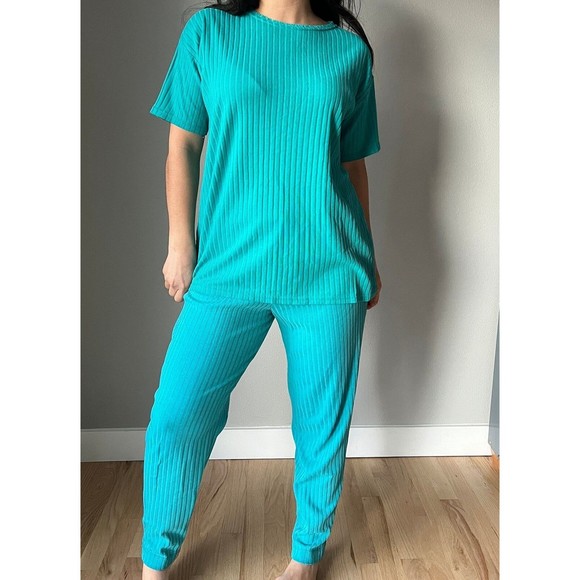 Vintage green leisure suit pant set knit retro casual comfy pajama vacation XS - Picture 2 of 8
